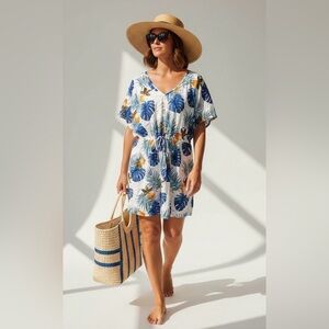 NEW‎ Swim Cover Up Dress Tropical Print Drawstring Waist 2XL